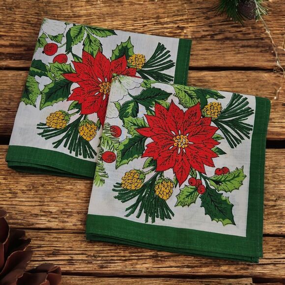 Vintage Floral Poinsettia Holiday Christmas Square Cloth Napkins MCM Set of Two - Picture 2 of 13